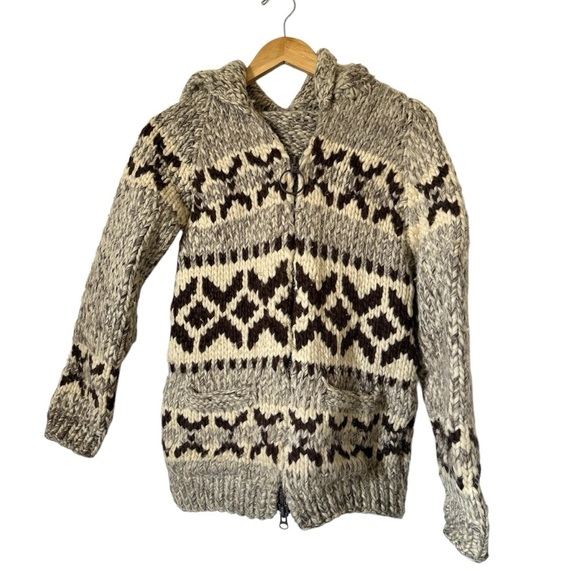 Vintage Cowichan Sweater Hooded Chunky Knit Cardigan Cozy Fihserman Unisex Small - Picture 1 of 12